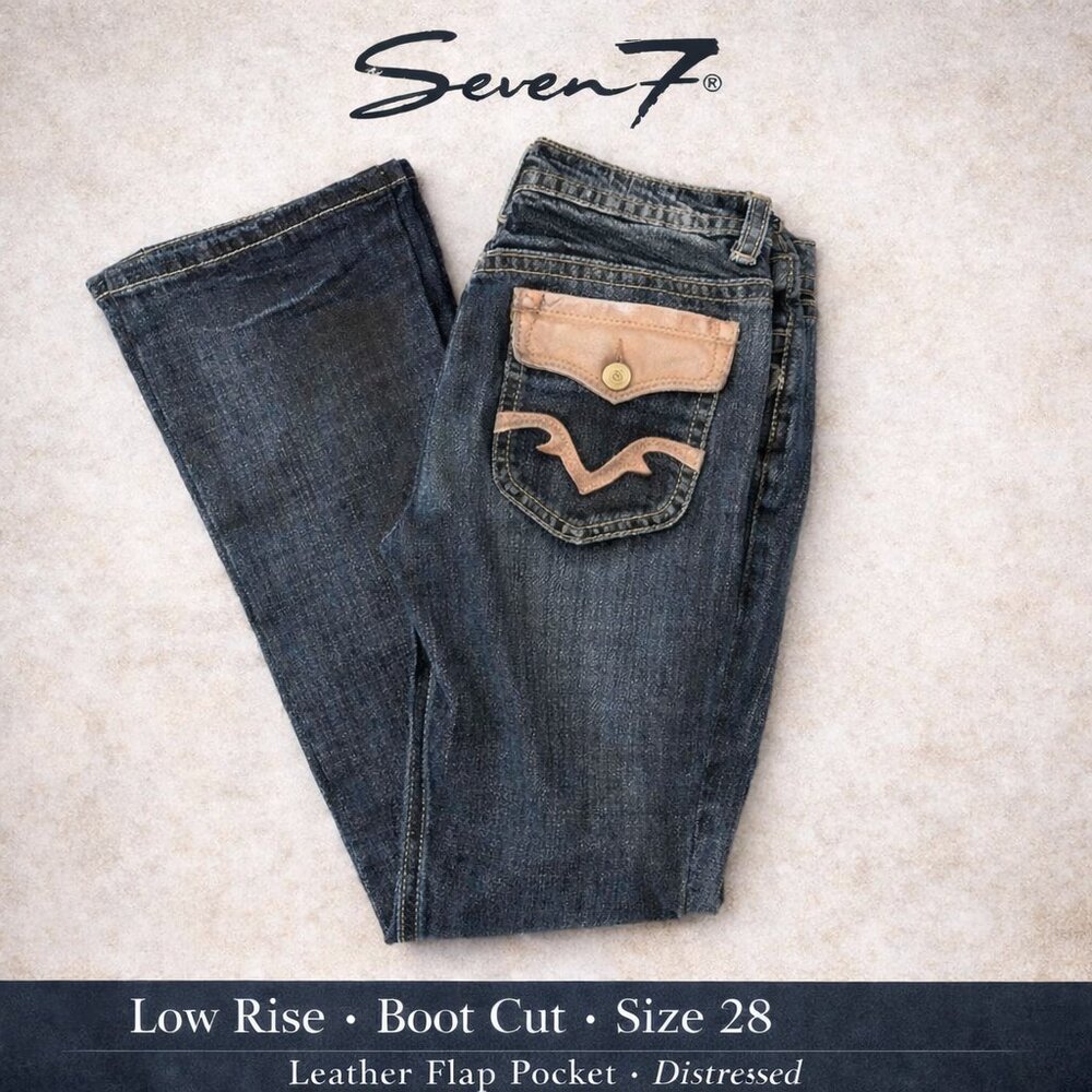 Seven 7 Boot Cut Jeans low rise leather flap back pocket and design - 28